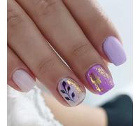 24Pcs Glitters False Nails Purplee Gold Leaf Design Short Press On Nails Winter Party Accessories Skin Friendly ABS Glossy Press On Nail