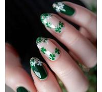 24Pcs Glitters Presses on Nails Green Four Leafs Clovers Design for StPatricks Day Celebrations Adding Sparkles and Luck StPatricks Nails