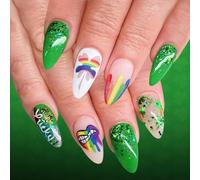 24Pcs Glitters Presses on Nails Green Four Leaves Clovers Design for StPatricks Day Celebrations Adding Sparkles and Luck StPatricks Nails