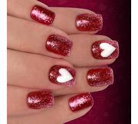 24Pcs Glitters Presses on Nails Short Square Fake Nails Valentine Heart Flame Design ABS Matte Tips for Daily Use Shining Square False Nail