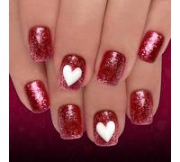 24Pcs Glitters Presses on Nails Valentine Short Square Fake Nails Heart Flame Art ABS Matte for Daily Wear Heart Design Presses on Nails