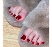 24Pcs Glossy Acrylic False Stick On Toe Nails Short Press On Red Cat Eye Pile Drilling French Tip Square Short Fake Toenails With Designs