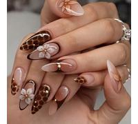 24PCS Glossy Chestnut Press on Nails - Long French Tip Floral Accent Nude Base with Gold Details - for Women Modern Vintage Glam Statement Special Occasions