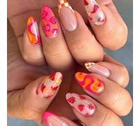 24PCS Glossy French Press-On Nails with Jelly Adhesive Tabs, Cute Strawberry & Vegetable Design, Short Oval Almond Shape, 12 Sizes Fake Nails for Women & Teens, Easy DIY Art