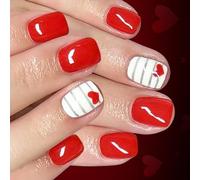 24pcs Glossy Presses on Nails for Valentines Day Red Heart Silver Stripe Square False Sweet Short Styles for Parties Red Heart Design