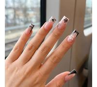 24PCS Glossy Short Almond Coffin Artificial Nail Tips With Gradient Pink Floral Geometric Designs - Reusable French Tip Press On Nails For Easy Application & Daily Wear, Elegant Modern Art Set