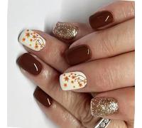 24Pcs Glossy Short Square Press On Nails Autumn Winter Leaf Design Shimmering Brown False Nails Easy Application Short Glittering Press On Nail