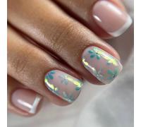 24Pcs Glossy Short Square Stick on with Floral Pattern Artificial Fashion Decoration Women Art