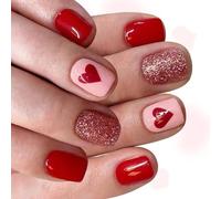 24PCS Glossy Square Presses on Nails Red Sparkles Love Patterns Multiple Sizes Comfortable Wear All Day Valentines ' s Day Presses on Nails Red Glitters