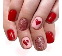 24PCS Glossy Square Presses on Nails Red Sparkles Love Patterns Multiple Sizes Comfortable Wear All Day Short Square Fake Nails Heart Design