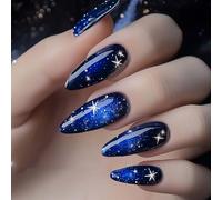 24Pcs Glossy Stiletto Press On Nails In Deep Blue Starry Night Sky Design With Sparkles And Shimmering Glitter - Reusable False Nails For Daily Wear, Party Looks And Events