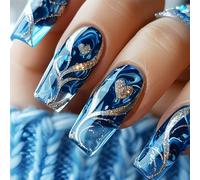 24Pcs Gold Curve Line Press on Nails Sea Acrylic Fake Nail Glossy Blue Gradient Medium Square False Nails Love Heart Stick on Fingernails Seaweed Gel Glue on Nail for Coquette Women Girls
