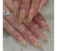 24pcs Gold French Tip Press on Nails Medium Almond Fake Nails with Pearls Rhinestones Design Gold French Line Full Cover Glue on Nails Glossy Stick on Nails Cute False Nails for Women Acrylic Nails