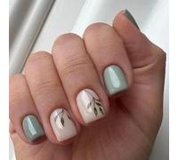24PCS Gold French Tip Press on Nails with Unique Leaf Design - Short Oval Full Cover Reusable Stick on Nails for Comfortable Easy Application & Natural Elegant Look, Glossy ABS Manicure Kit