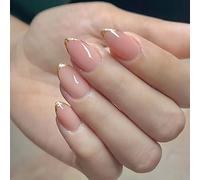 24Pcs Gold Glitters Almond Shape Artificial Nails Pattern Durability ABS Artificial Nails for Valentine Day Party Heart Flame Design