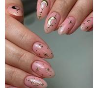 24PCS Gold Star & Moon Almond False Nails - Eco ABS with Jelly Gel Tabs Kit | Festival, Bridal Reusable Press Ons for Sensitive Skin