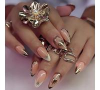 24Pcs Gold Striped Almond Press On Nails with Star Designs - Reusable False Nails for Women, Easy Application for Salon, Party & Special Occasions