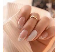 24pcs Gold Swirl French Tip False Nails - Medium Almond Shape, Removable Glue-On Press-Ons with French White Tips and Pink Full Cover - Nail Art for Women and Girls