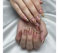 24PCS Gold Wave Press On Nails - Luxury Almond Shape False Nails with 3D Golden Wave Design - Elegant Stick On Tips, Durable Gel Fake Kit with Accessory Tools for Women and Girls