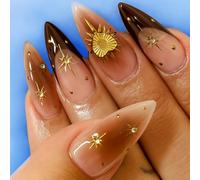 24PCS Golden Eclipse Brown Press on Nails - Almond Shape Celestial Gold Accent Golden Design - Mystic Cosmic Art Style Modern Astrological Chic