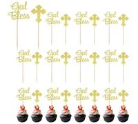 24pcs Golden God Bless and Cross Cupcake Toppers Glitter Cake Picks for Fruit Food Dessert Appetizer Baptism Christening Party Decors