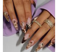 24PCS Golden Mocha Mix Press on Nails - Amber Leopard StripTouch Flowers Beads Art Tips - Golden Chic Stiletto Nails Modern Retro Luxe Wild Jungle Aesthetic