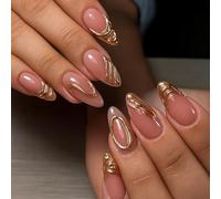 24Pcs Golden Swirl Acrylic Press On Nails - Long Almond Tips With Nude Base And Metallic Gold Swirl Design For Elegant Luxury Nail Art - Durable False With Accessory Tools