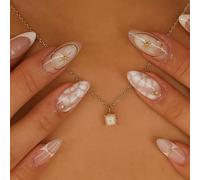 24PCS Golden Vein Cream Press on Nails - Almond Shape Elegant Pearl Vein Marble Gold Star Art Celestial White Chic - Minimal White Luxe Look Classic Marble Glam