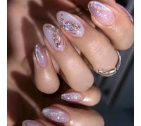 24PCS Gorgeous Medium Almond Press on Nails, Elegant Purple Butterfly Design, Full Cover Stick-on Fake Nails with Adhesive Tabs,12 Sizes, Perfect for Easy Party DIY Manicure
