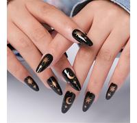 24pcs Gothic Black Long Press On Nails French Tip Almond Shape False Nails With Star Moon Print Glues On For Women Faux Nail For Women
