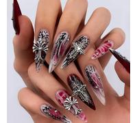 24Pcs Gothic Cross Press on Nails Stiletto Shape with Silver Charms - Dark Red Black Ombre Fake Nails French Tip Almond Long for Halloween Party Cosplay Autumn Holiday Art Stickers