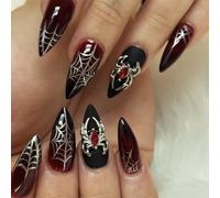24PCS Gothic Halloween Press on Nails Red Black Gradient Almond Fake Nails with Spider Web and Spider Charms, Medium False with Adhesive Tools