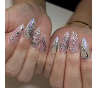 24PCS Gothic Press on Nails with 3D Rhinestone Alloy Charms - Handmade Long Stiletto & French Tip Fake Nails in Almond & Square Shapes - Reusable Matte DIY Art Kit for Salon Quality Finish