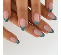 24PCS Gradient Blue Cat Eye Nails - French Tip Almond Press On & Glossy Finish - Short Fake Nails for Women with ABS Material & Jelly Tabs Ideal for Daily, Work, Travel Party