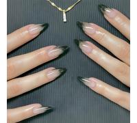 24PCS Gradual Green Smudging Press On Nails Almond Shape With Curved French Tip - Glossy Long Lasting Manicure Set For Elegant DIY Nail Art Enthusiasts Easy Application Salon Style