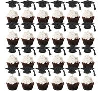24Pcs Graduation Cupcake Toppers 2026, Glitter Graduation Cap Cake Picks, Class of 2026 Cupcake Toppers Cake Decor for Congrats Grad Party Cake Decorations Supplies for University, College (BLACK)