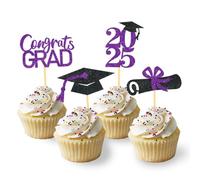 24Pcs Graduation Cupcake Toppers, Grad Cupcake Picks for Cupcake Food Decorations - Class of 2025 Graduation Cupcake Toppers Supplies (Black & Purple)
