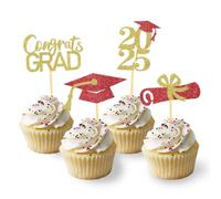 24Pcs Graduation Cupcake Toppers, Grad Cupcake Picks for Cupcake Food Decorations - Class of 2025 Graduation Cupcake Toppers Supplies (Red & God)