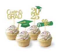 24Pcs Graduation Cupcake Toppers, Grad Cupcake Picks for Cupcake Food Decorations - Class of 2025 Graduation Cupcake Toppers Supplies (Green & God)
