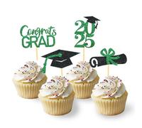24Pcs Graduation Cupcake Toppers, Grad Cupcake Picks for Cupcake Food Decorations - Class of 2025 Graduation Cupcake Toppers Supplies (Black & Green)