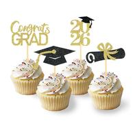 24Pcs Graduation Cupcake Toppers, Graduation Cupcake Picks for Cupcake Food Decorations - Class of 2024 Graduation Cupcake Toppers Supplies (Black & Gold-2026)