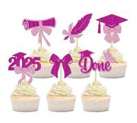 24Pcs Graduation Theme Cupcake Toppers Glitter Class of 2025 Done Diploma Bowknot Graduation Cap Cupcake Picks for 2025 Grad Theme Party Cake Decorations Supplies(Rose Pink)