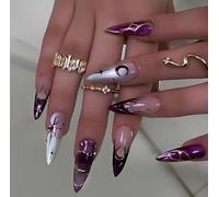 24PCS Grape Violet Press On Nails - Almond Shape Sliver Metallic Outline Art Flame Tip Design Celestial Goth Glam Long Stiletto Shape - for Women Party & Evening Wear