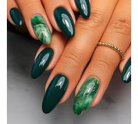 24PCS Green Marble Press on Nails - Long Oval False Nails with Gold Foil Design - Elegant Stick on for Women, Nice for Parties Bridal, for Women Girls DIY Manicure at Home