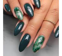 24Pcs Green Marble Press On Nails - Oval Shape False Nails with Glossy Finish and Gold Vein Design - Includes Accessory Tools for Easy Application and Elegant Daily Manicure