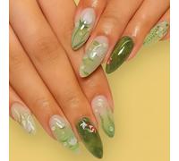 24Pcs Green Nature Almond Press on Nails with 3D Koi Fish Water Lily Floral Design - Hand Painted Realistic Water Droplet Effects Pearl Embellishments for Women Parties Weddings Daily Wear Long