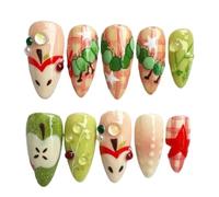 24Pcs Green Press On Nails Almond Frog Floral Fresh Wearable Set