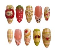 24Pcs Green Press On Nails Almond Frog Floral Fresh Wearable Set