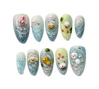 24Pcs Green Press On Nails Almond Frog Floral Fresh Wearable Set