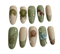 24Pcs Green Press On Nails Almond Frog Floral Fresh Wearable Set